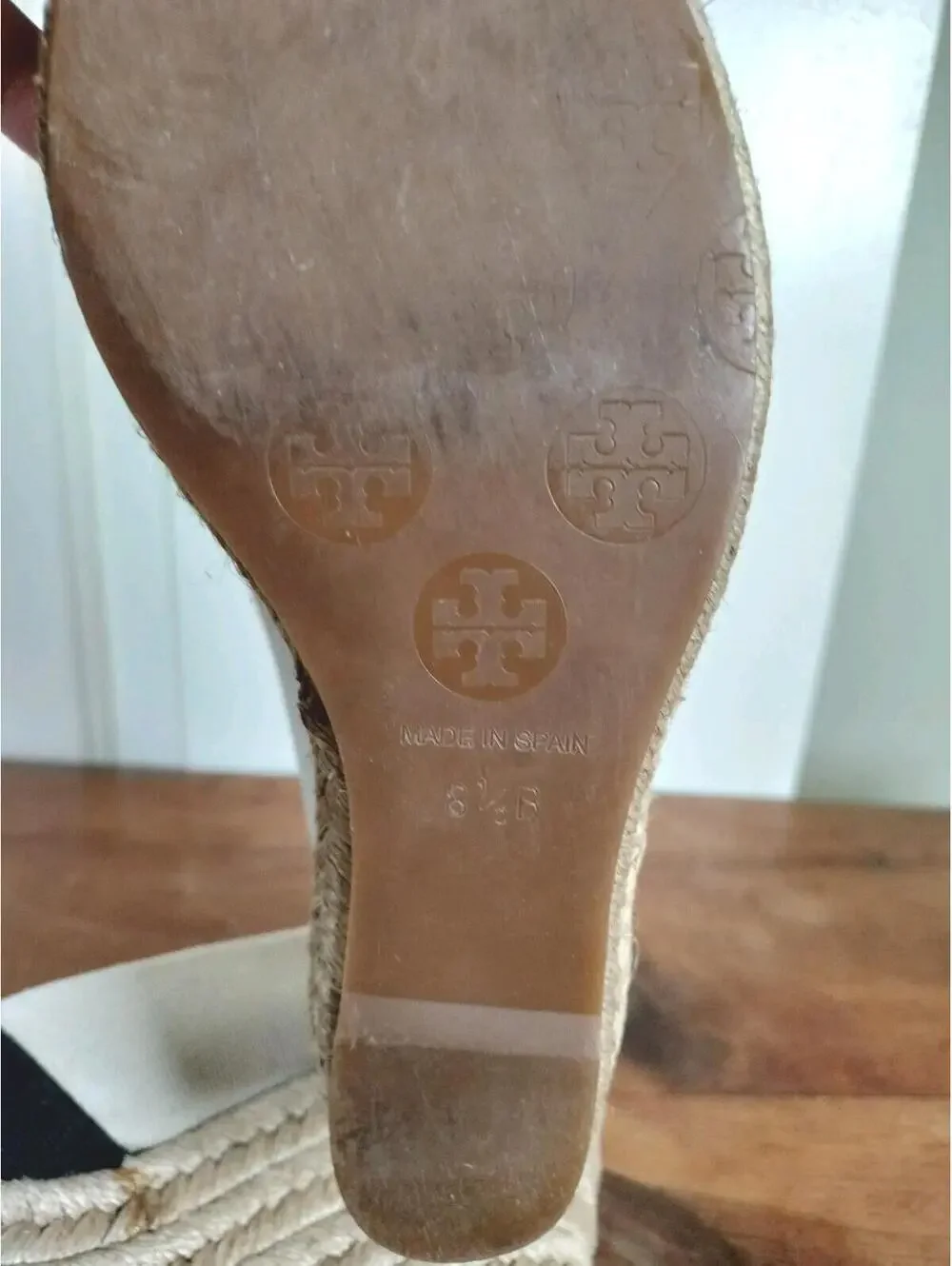 Tory Burch Dory Canvas Espadrille Wedge Sandals Black Cream Peep Toe Spain 8.5 B